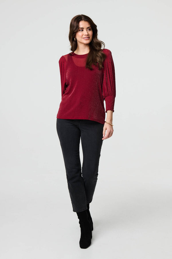 Burgundy | Sparkly 3/4 Puff Sleeve Mesh Top