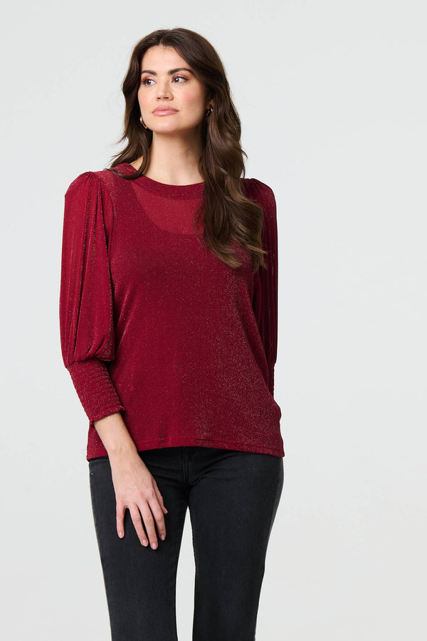 Burgundy | Sparkly 3/4 Puff Sleeve Mesh Top