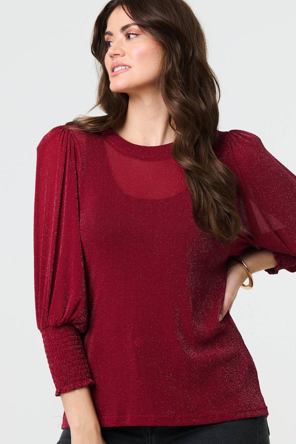 Burgundy | Sparkly 3/4 Puff Sleeve Mesh Top
