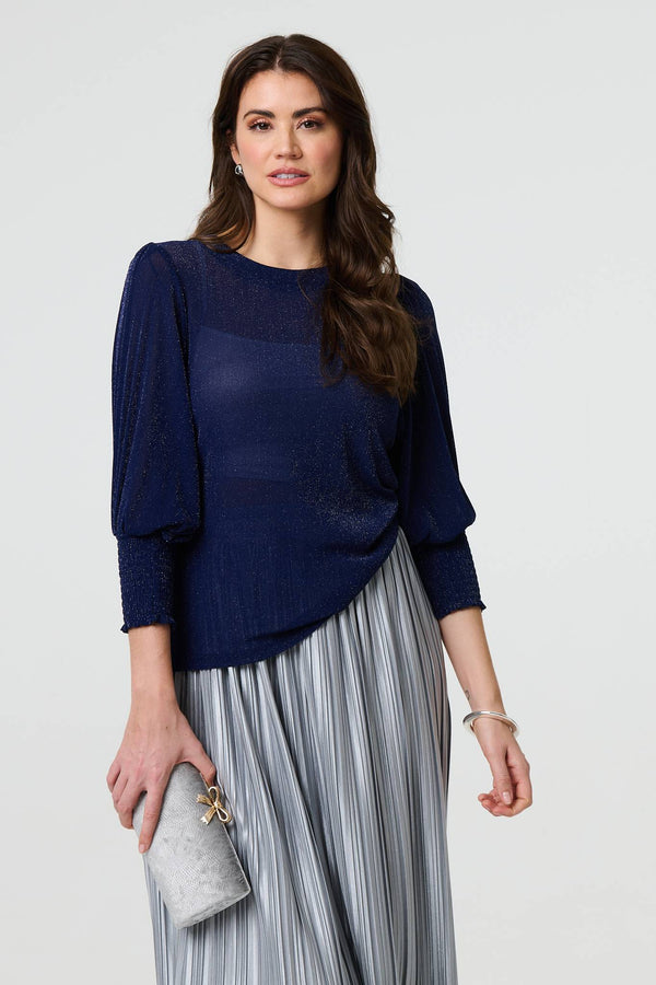 Navy | Sparkly 3/4 Puff Sleeve Mesh Top
