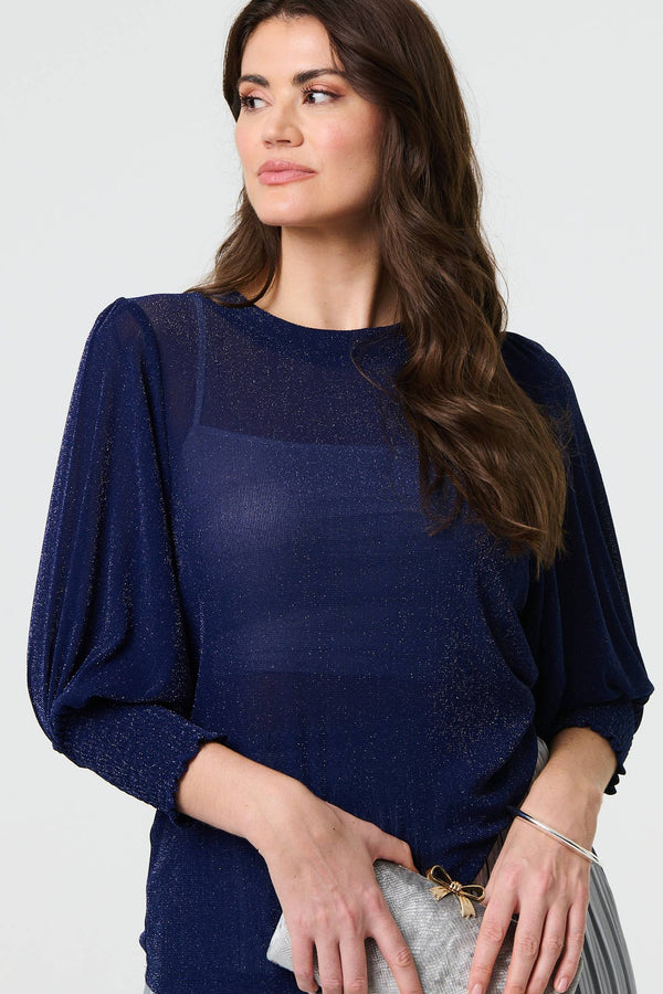 Navy | Sparkly 3/4 Puff Sleeve Mesh Top