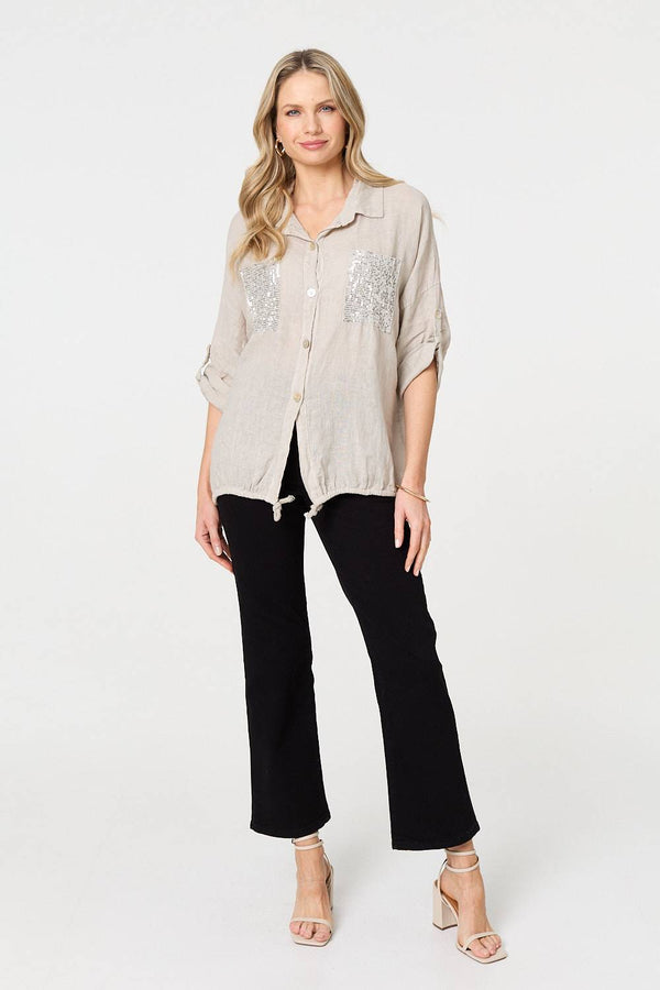 Beige | Sequin Detail 3/4 Turn-Up Sleeve Shirt