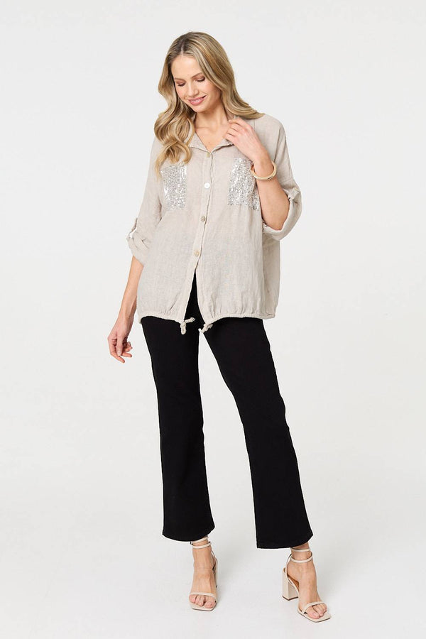 Beige | Sequin Detail 3/4 Turn-Up Sleeve Shirt