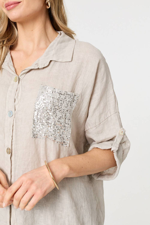 Beige | Sequin Detail 3/4 Turn-Up Sleeve Shirt