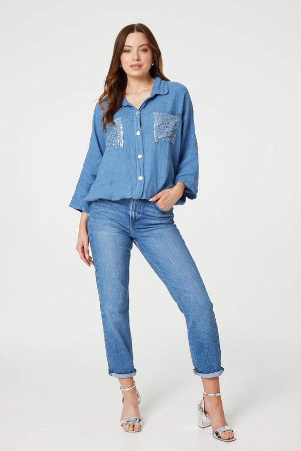 Blue | Sequin Detail 3/4 Turn-Up Sleeve Shirt
