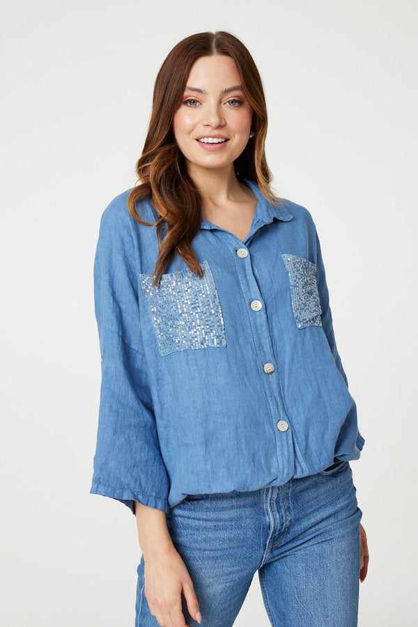 Blue | Sequin Detail 3/4 Turn-Up Sleeve Shirt