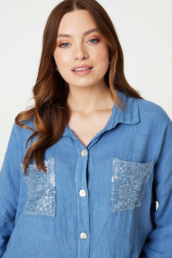 Blue | Sequin Detail 3/4 Turn-Up Sleeve Shirt