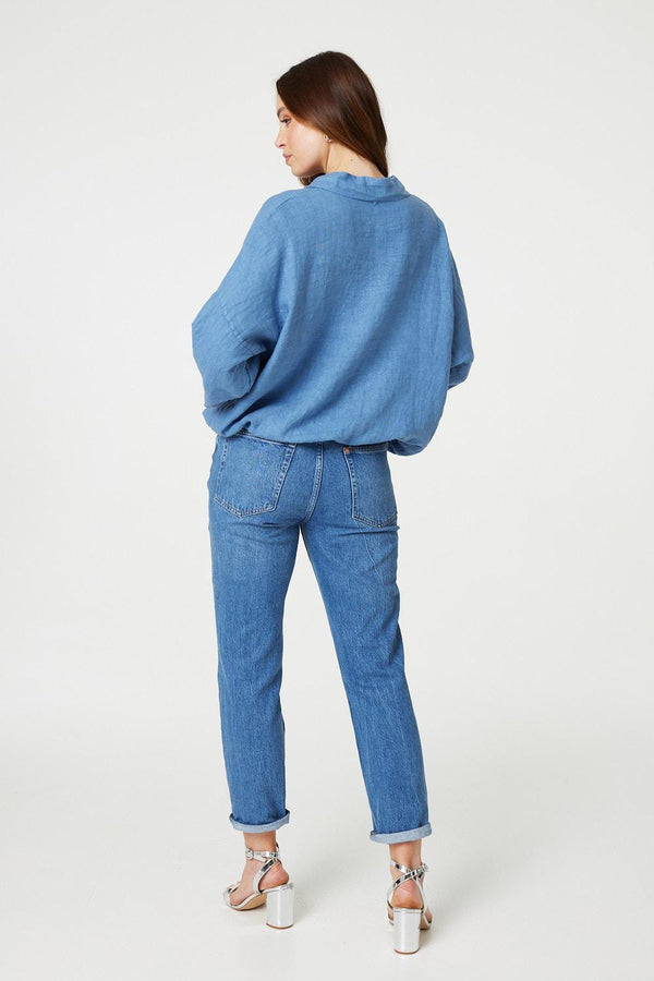 Blue | Sequin Detail 3/4 Turn-Up Sleeve Shirt