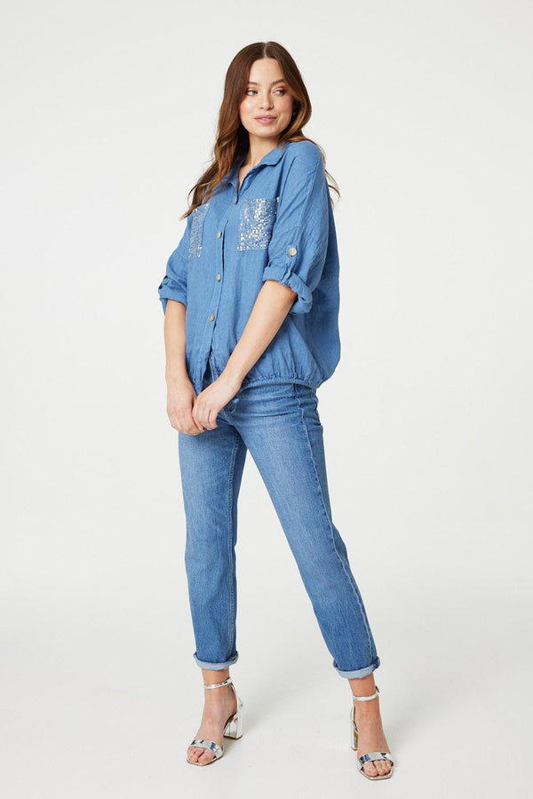 Blue | Sequin Detail 3/4 Turn-Up Sleeve Shirt