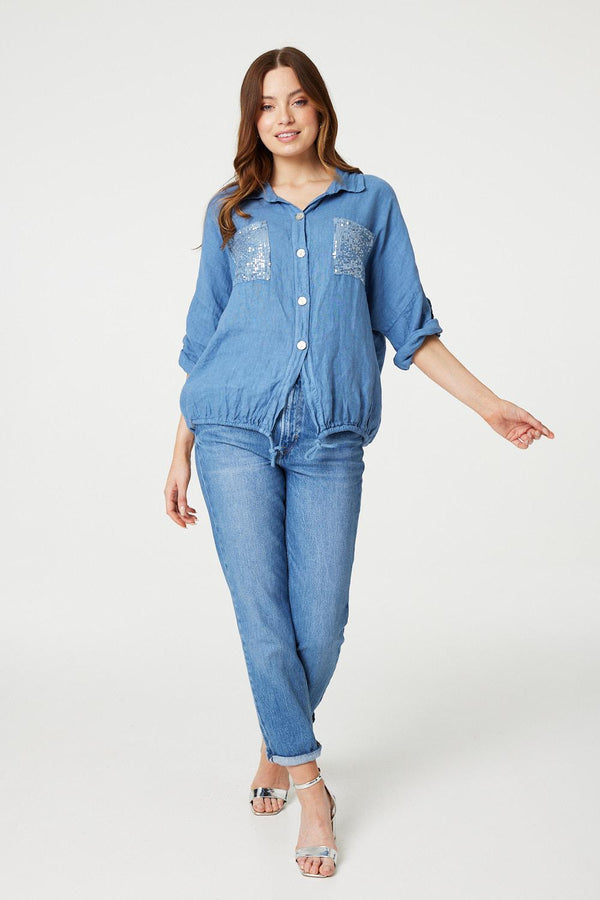 Blue | Sequin Detail 3/4 Turn-Up Sleeve Shirt