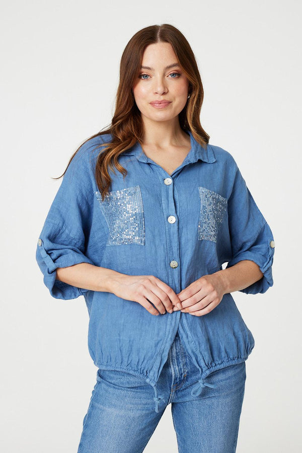 Blue | Sequin Detail 3/4 Turn-Up Sleeve Shirt