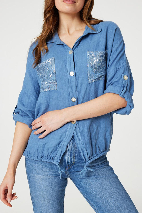 Blue | Sequin Detail 3/4 Turn-Up Sleeve Shirt