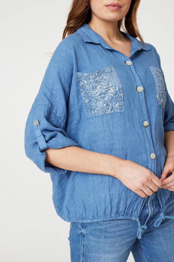 Blue | Sequin Detail 3/4 Turn-Up Sleeve Shirt