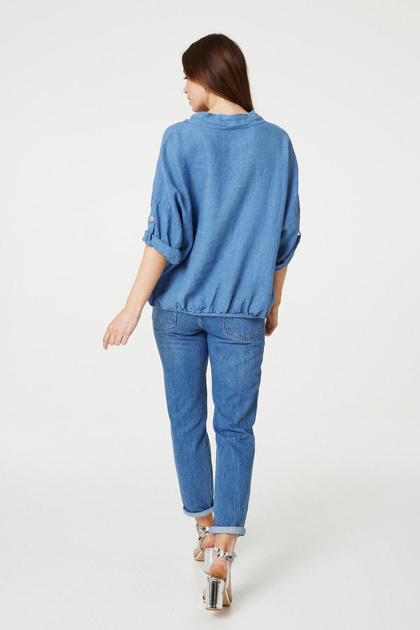 Blue | Sequin Detail 3/4 Turn-Up Sleeve Shirt