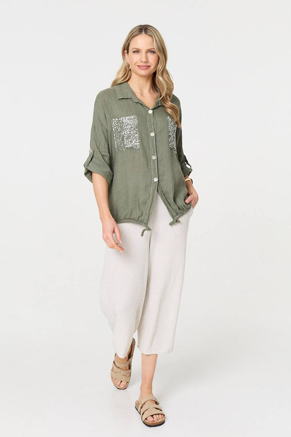 Khaki | Sequin Detail 3/4 Turn-Up Sleeve Shirt