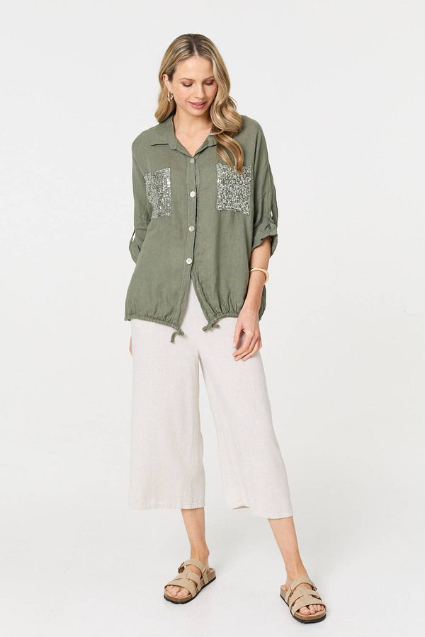 Khaki | Sequin Detail 3/4 Turn-Up Sleeve Shirt
