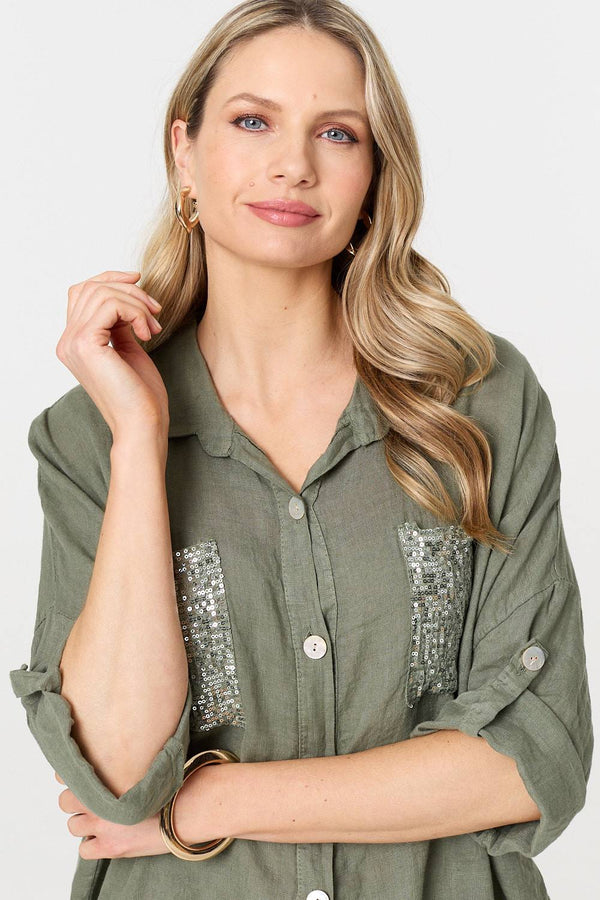 Khaki | Sequin Detail 3/4 Turn-Up Sleeve Shirt