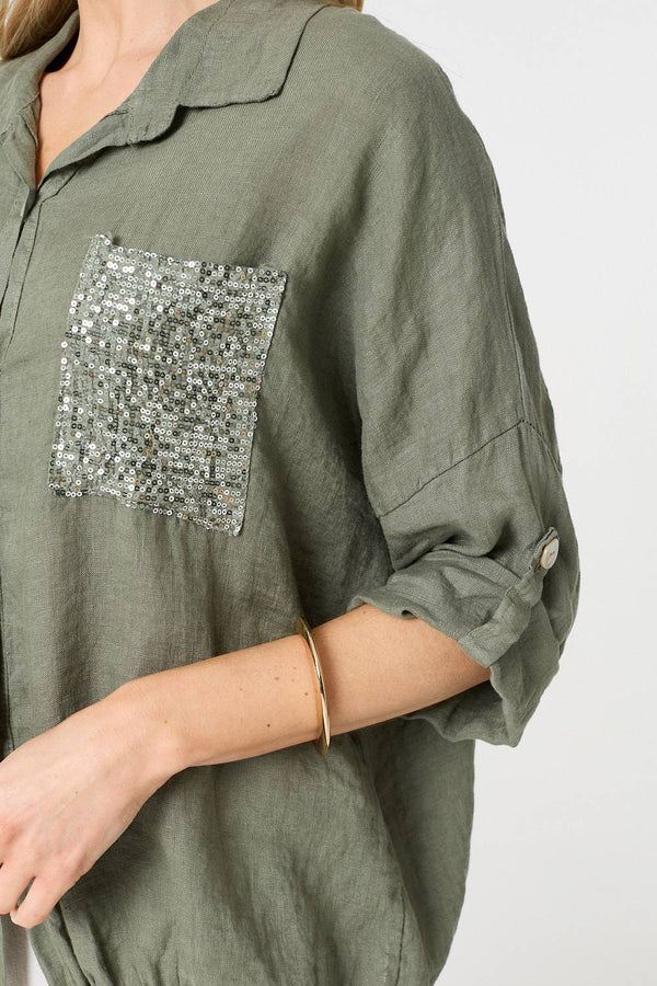 Khaki | Sequin Detail 3/4 Turn-Up Sleeve Shirt