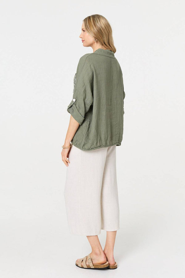 Khaki | Sequin Detail 3/4 Turn-Up Sleeve Shirt