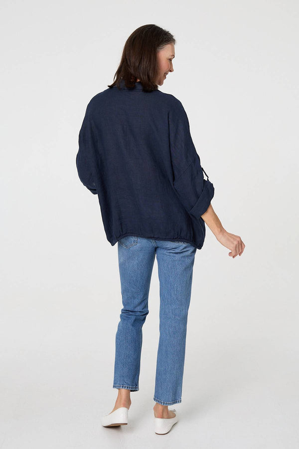 Blue | Sequin Detail 3/4 Turn-Up Sleeve Shirt