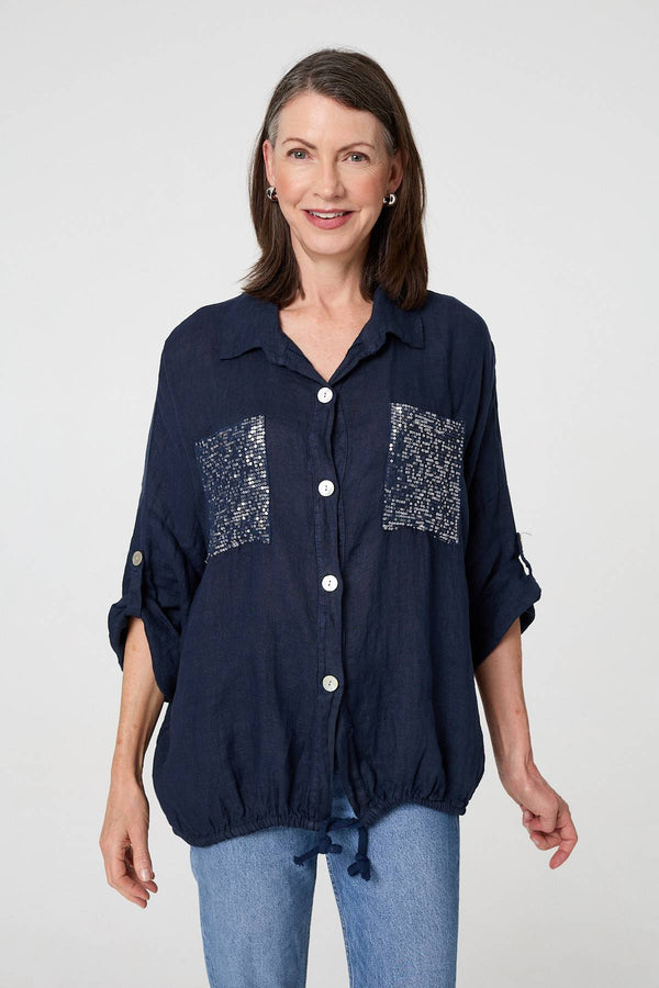 Blue | Sequin Detail 3/4 Turn-Up Sleeve Shirt