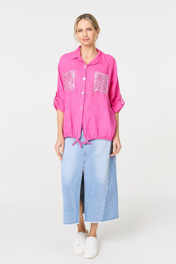 Pink | Sequin Detail 3/4 Turn-Up Sleeve Shirt