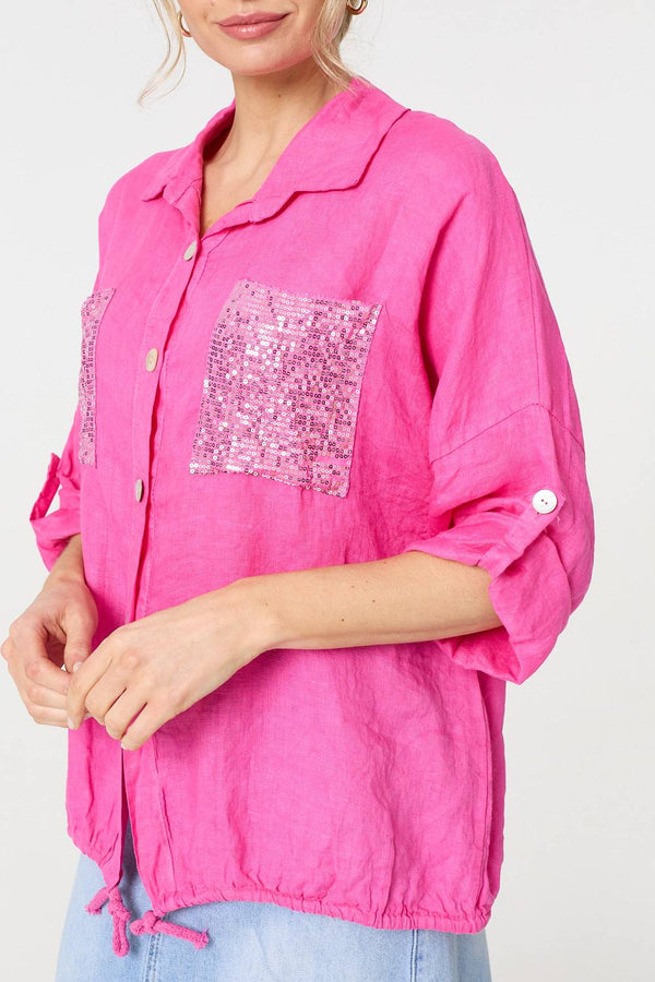 Pink | Sequin Detail 3/4 Turn-Up Sleeve Shirt