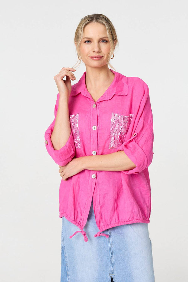 Pink | Sequin Detail 3/4 Turn-Up Sleeve Shirt