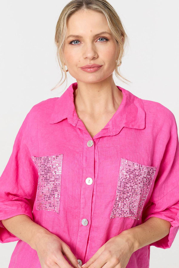Pink | Sequin Detail 3/4 Turn-Up Sleeve Shirt