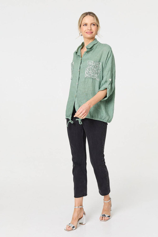 Sage | Sequin Detail 3/4 Turn-Up Sleeve Shirt