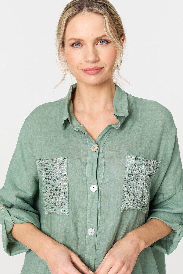 Sage | Sequin Detail 3/4 Turn-Up Sleeve Shirt