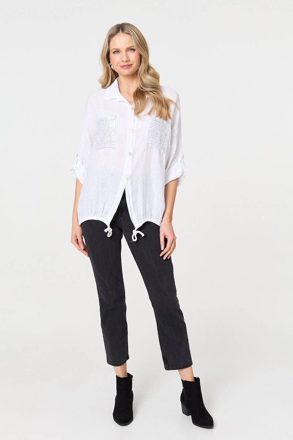 White | Sequin Detail 3/4 Turn-Up Sleeve Shirt