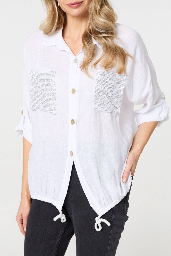 White | Sequin Detail 3/4 Turn-Up Sleeve Shirt