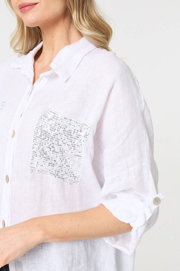 White | Sequin Detail 3/4 Turn-Up Sleeve Shirt