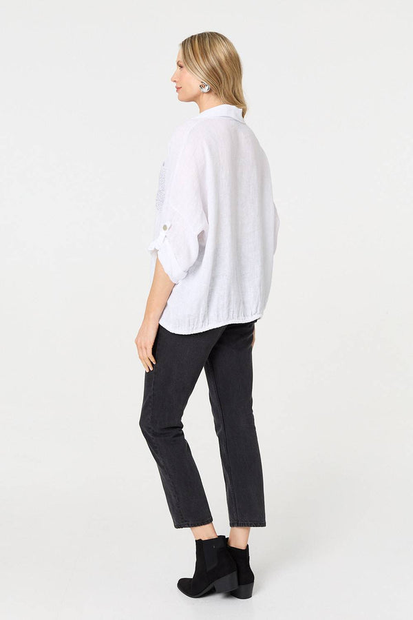White | Sequin Detail 3/4 Turn-Up Sleeve Shirt