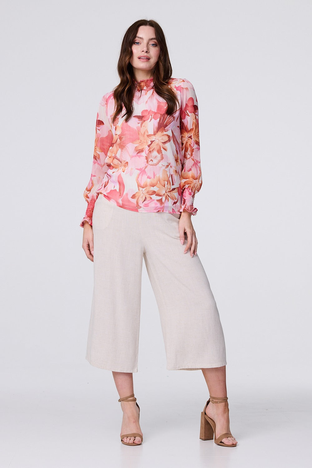 Pink | Floral Shirred High Neck Blouse : Model is 5'9"/175 cm and wears UK8/EU36/US4/AUS8