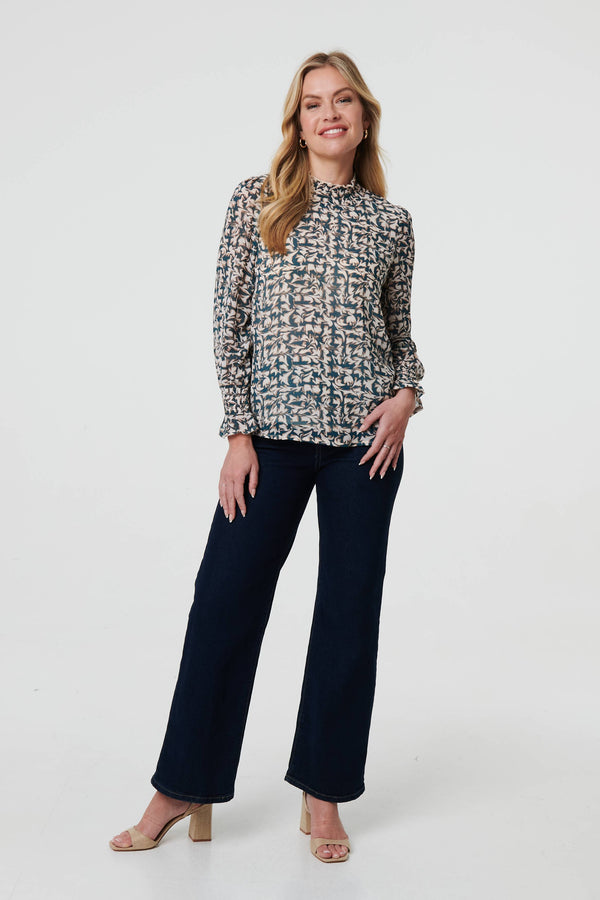 Green | Printed Long Sleeve High Neck Top