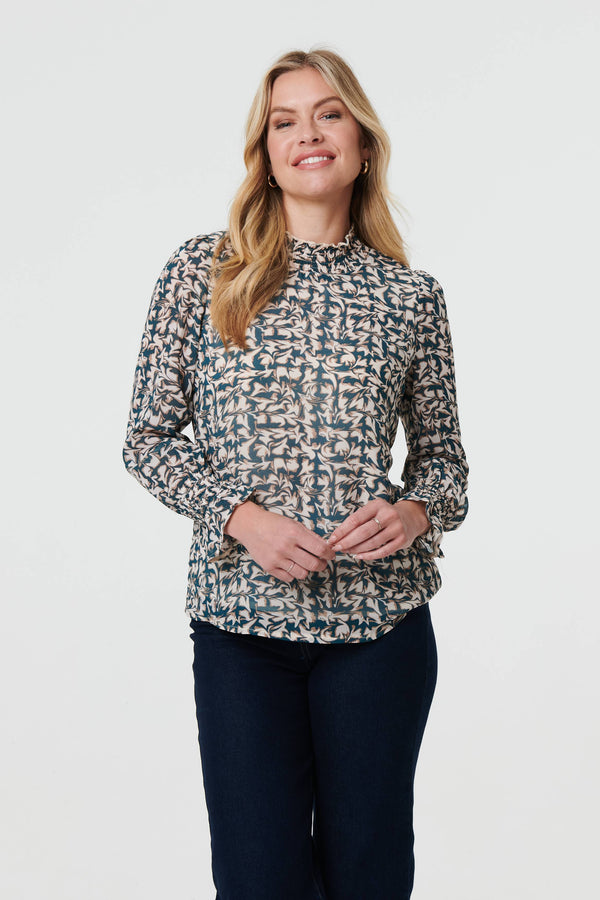 Green | Printed Long Sleeve High Neck Top