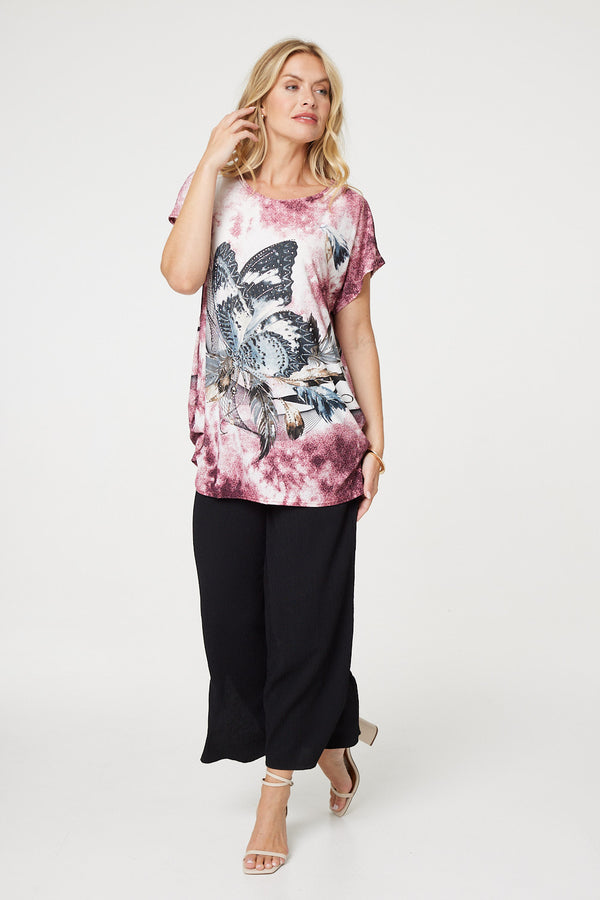 Red | Embellished Butterfly Print Tunic Top