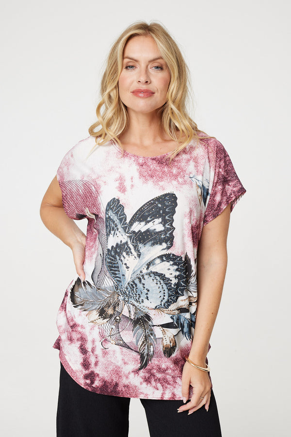 Red | Embellished Butterfly Print Tunic Top