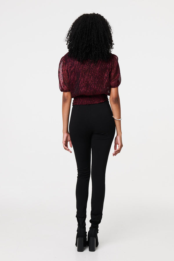Pink | Glitter Mesh Ruched Semi Sheer Crop Top