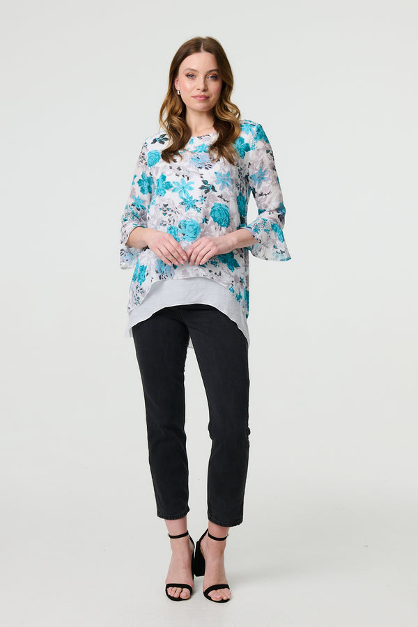 Blue | Floral 3/4 Sleeve Curve Layered Hem Blouse