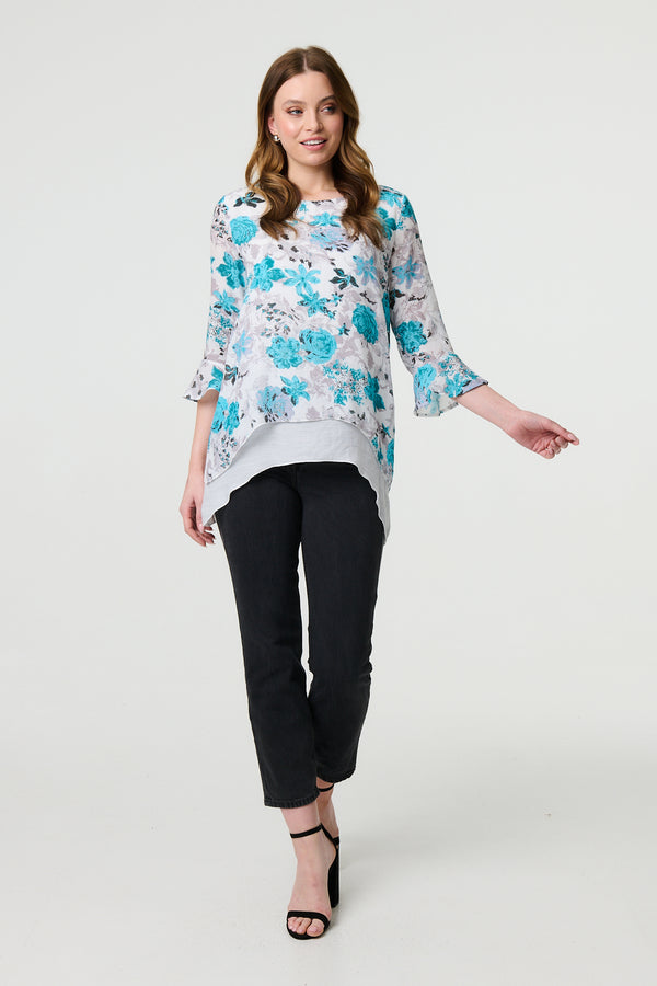Blue | Floral 3/4 Sleeve Curve Layered Hem Blouse