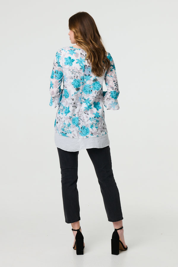 Blue | Floral 3/4 Sleeve Curve Layered Hem Blouse
