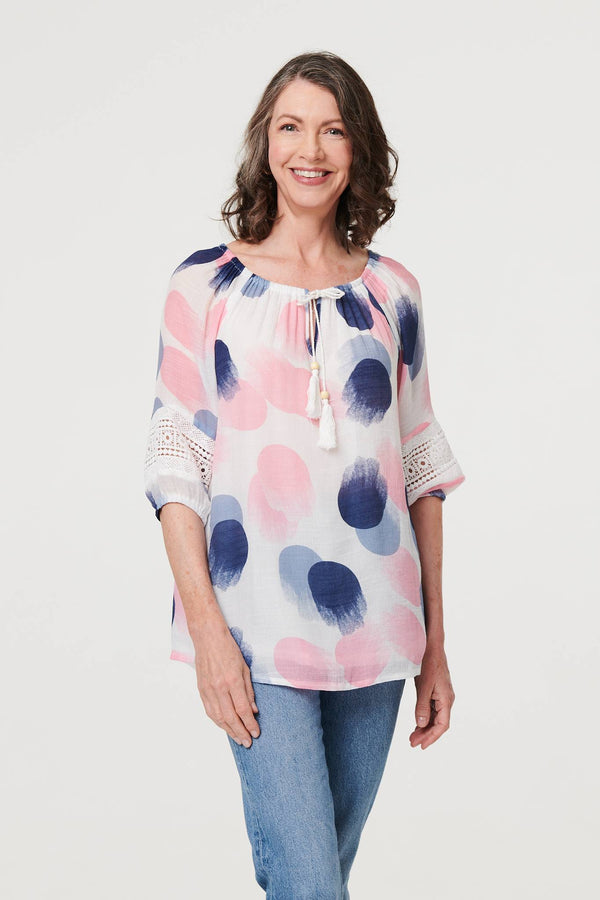 Pink | Printed Lace Trim Tassel Front Blouse