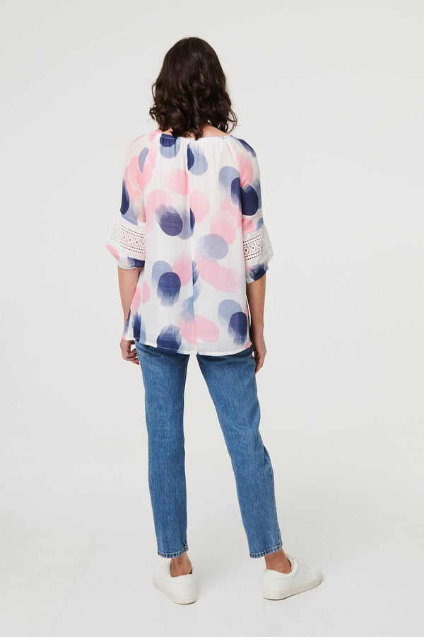 Pink | Printed Lace Trim Tassel Front Blouse