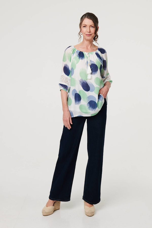 Sage | Printed Lace Trim Tassel Front Blouse
