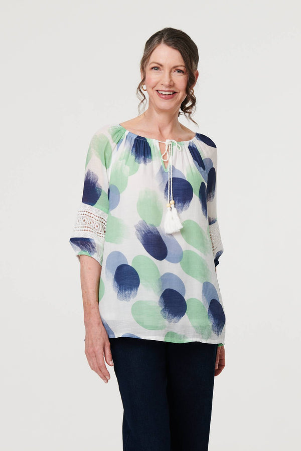 Sage | Printed Lace Trim Tassel Front Blouse