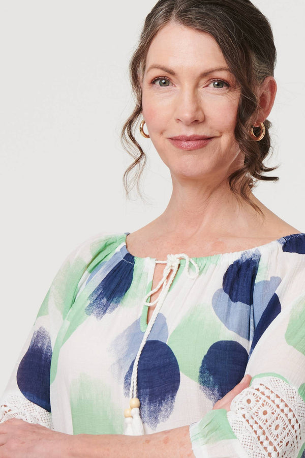 Sage | Printed Lace Trim Tassel Front Blouse