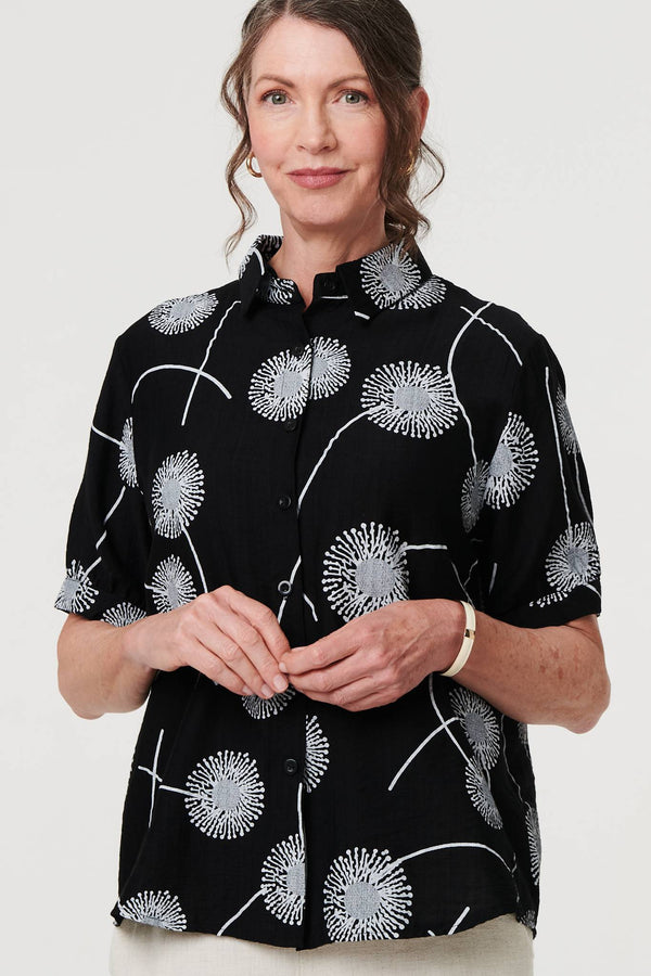 Black | Printed 1/2 Sleeve Button-Up Shirt